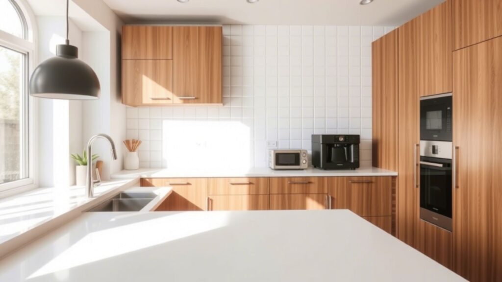 Matte White Squares and Wood Cabinets