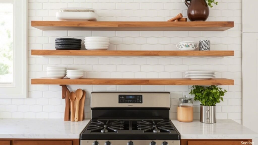 White Penny Tiles Behind Open Shelves