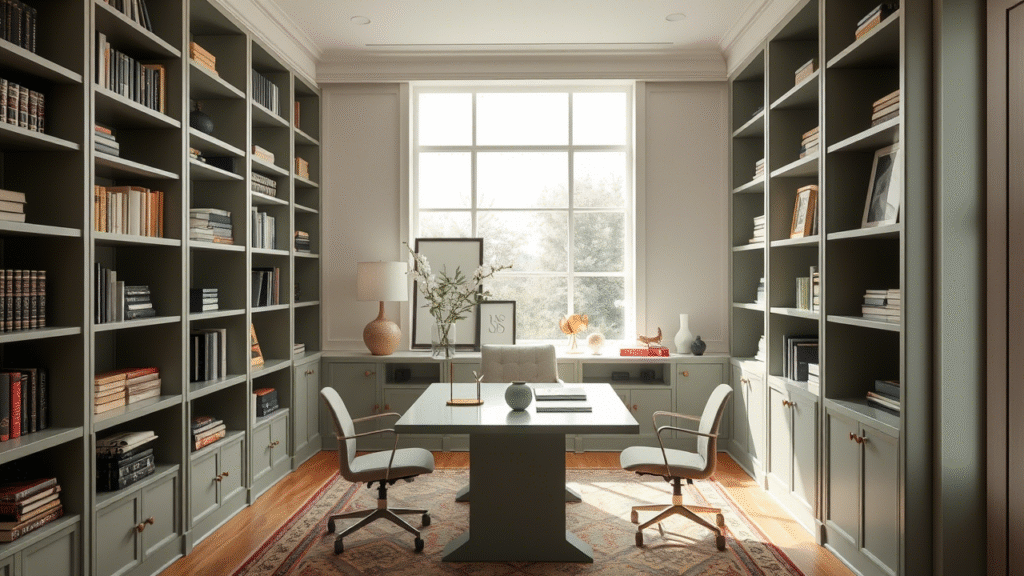 Sage Green Bookshelves with Gold Decor