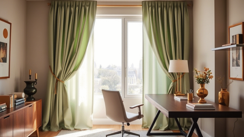. Soft Green Curtains with Gold Tiebacks
