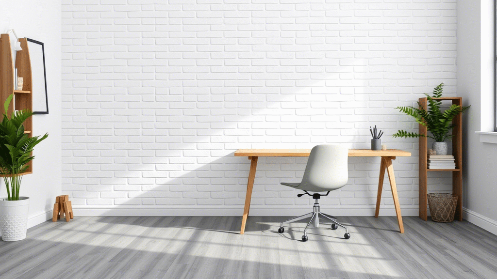 White Brick Wallpaper + Grey Wood Floors