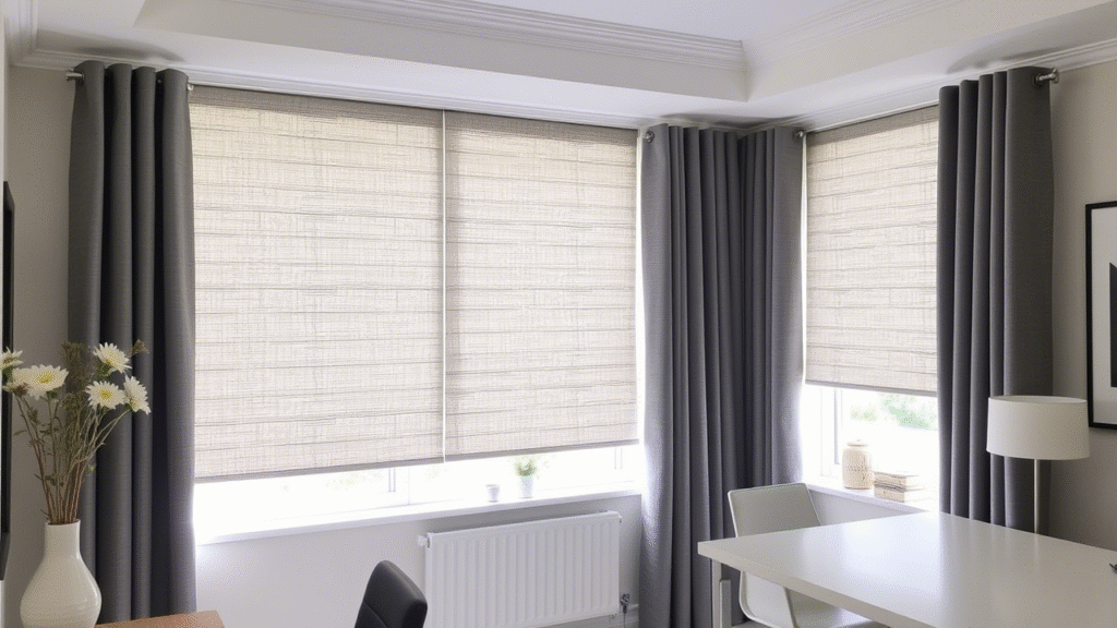 Grey Linen Curtains and White Roller Blinds