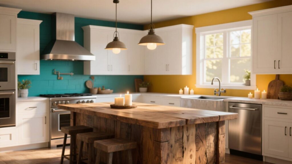 Warm White Cabinets With a Pop of Color Island